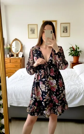 Robe courte noire en mousseline imprimé floral -Taille 38