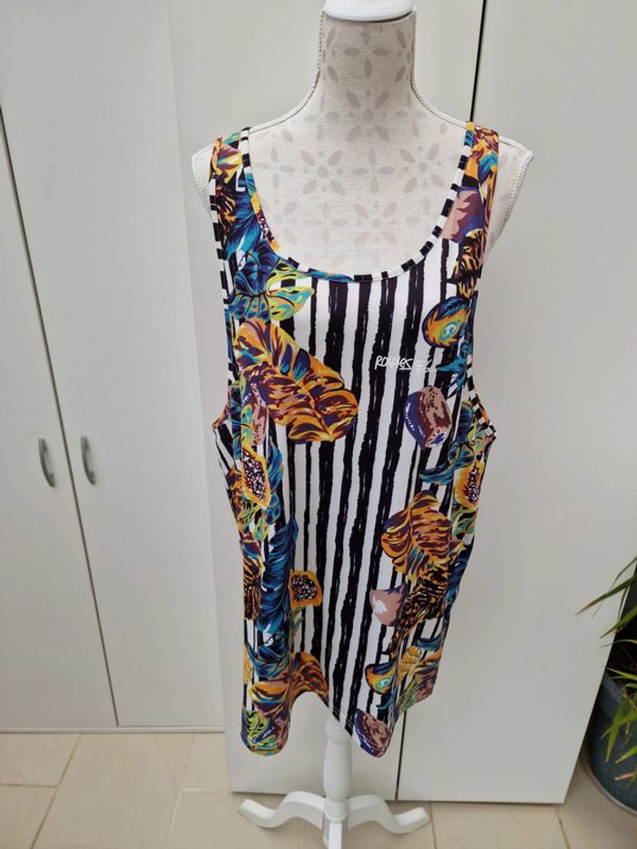 Debardeur Oversize Rayures Blanches Noires Imprimé Ananas Feuillages Papayes Multicolore - photo numéro 2