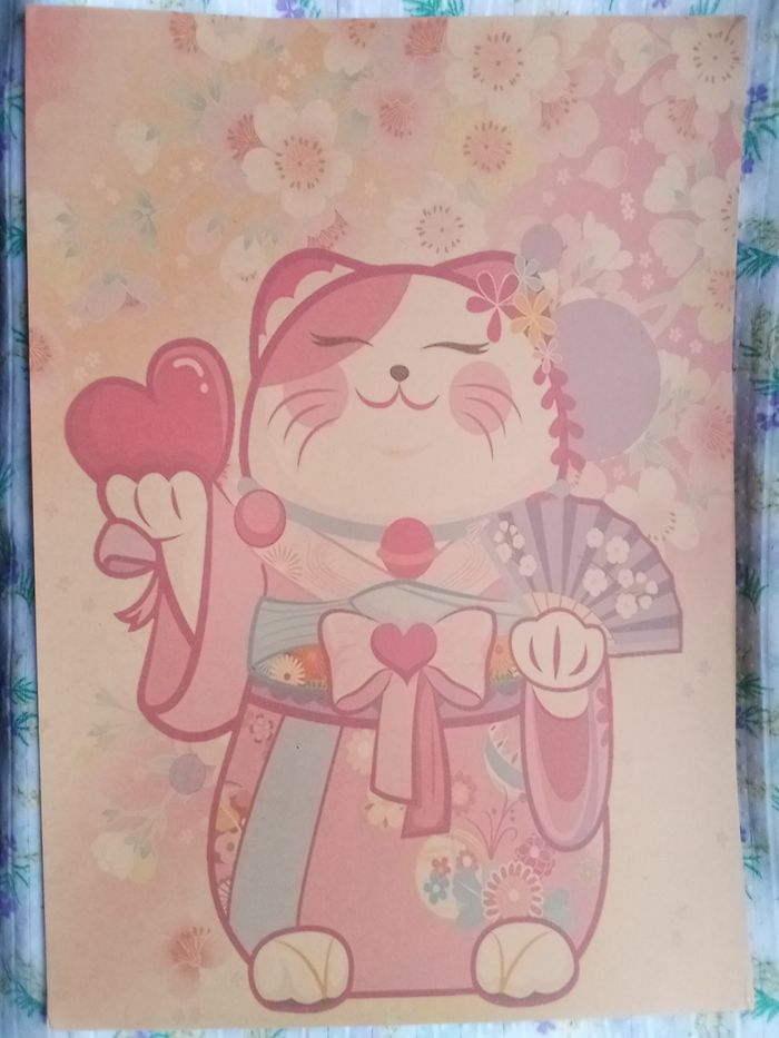 AFFICHE POSTER A3 JAPON CHAT PORTE BONHEUR MANEKI NEKO FOND MAT