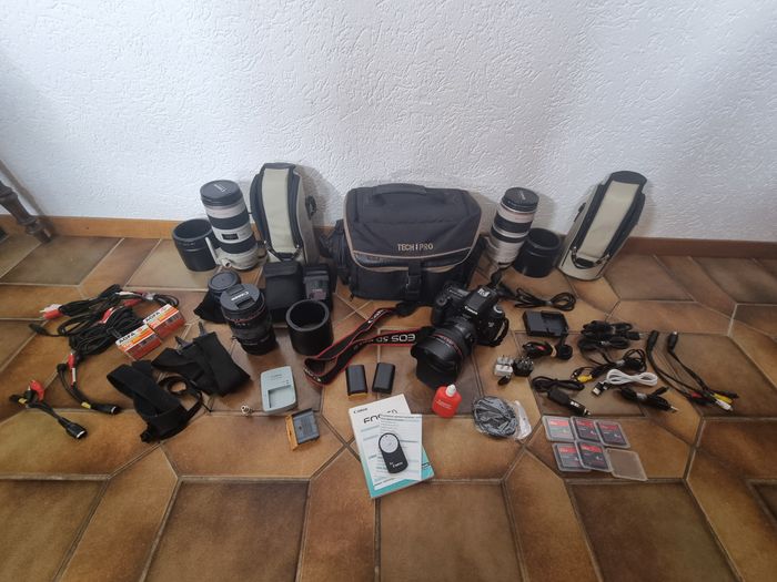 Lot appareil photo Canon EOS 5D Mark 3 + plusieurs objectifs + sacoches de transport + flash et acce