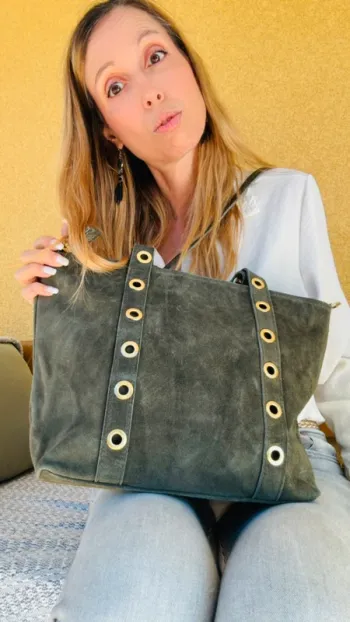 Grand sac cuir daim  vert kaki œillets dorés + 1 bandoulière