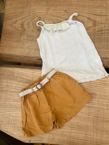 Ensemble Zara 5 ans t-shirt débardeur short jaune moutarde été blanc bohème