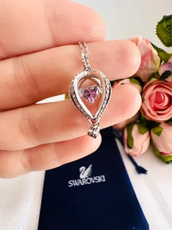 🎈Collier Swarovski montgolfière argenté cœur rose mobile – avec pochon