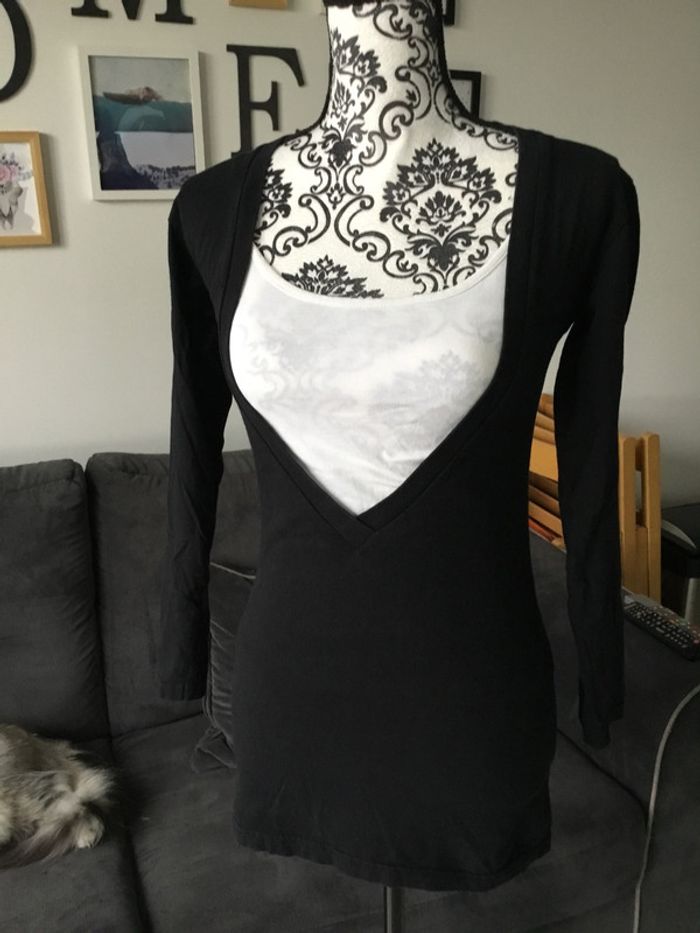 Ensemble débardeur blanc/haut manches longues noir col V 34/36