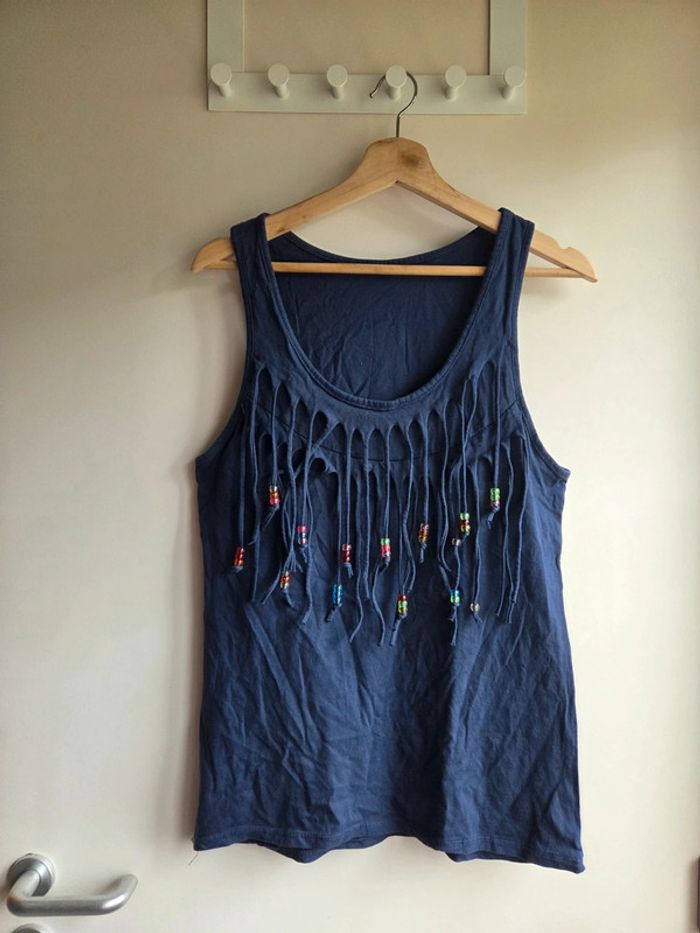 Débardeur bleu marine à franges et perles - taille m