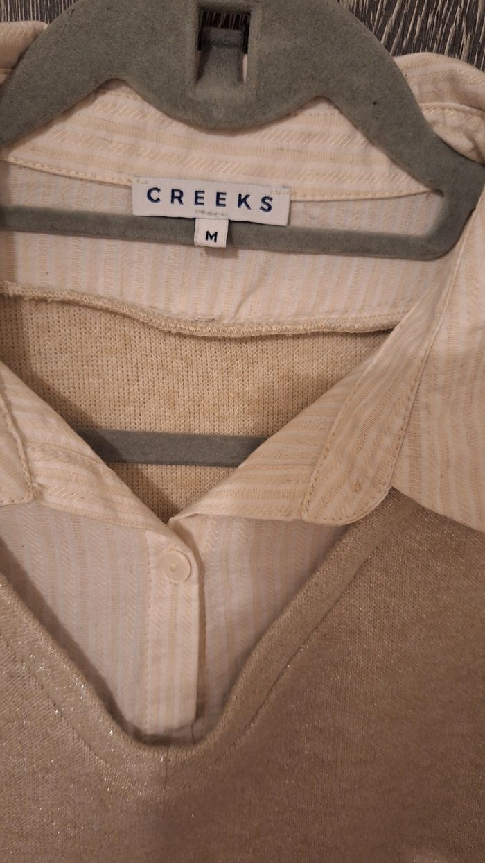 Pull chemise 2-en-1 rayé doré, beige et blanc - photo numéro 5