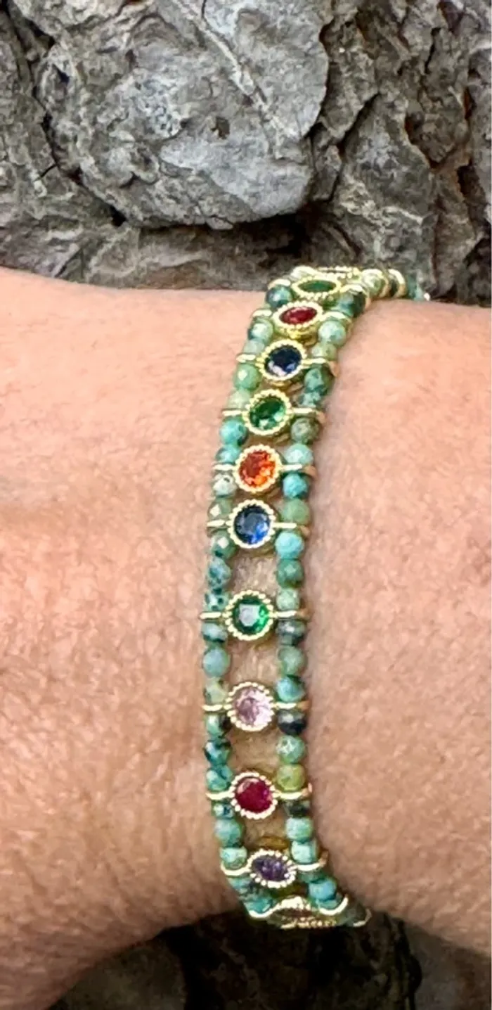 Bracelet manchette fils tissés pierres malachite cristaux couleurs acier inoxydable or habaha Paris - photo numéro 2