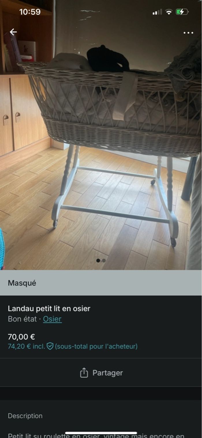 Berceau, andeau , petit lit sur pieds  en osier