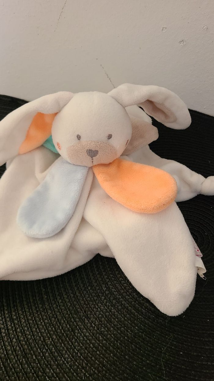 Doudou plat lapin blanc beige bleu orange gris Bébé9 - photo numéro 4