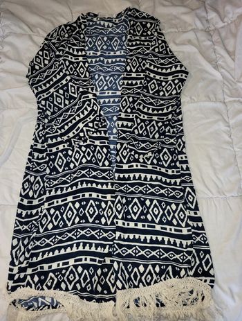 Gilet de plage lomg Bohème - Imprimé Ethnique Bleu & Blanc