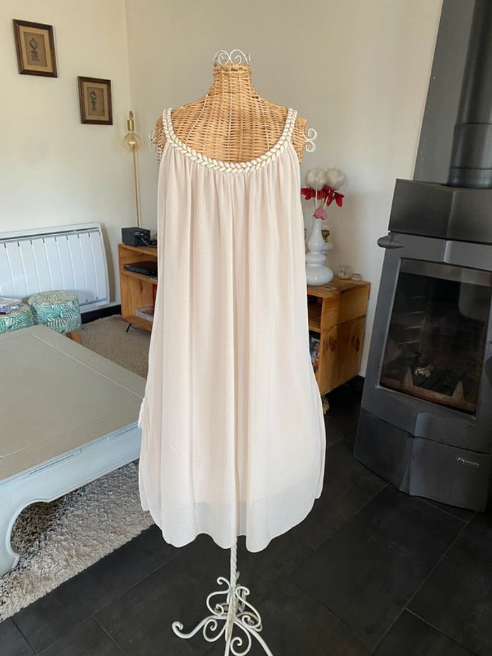 Robe été Made in France fluide beige / crème perlé avec col tressé taille S - photo numéro 4