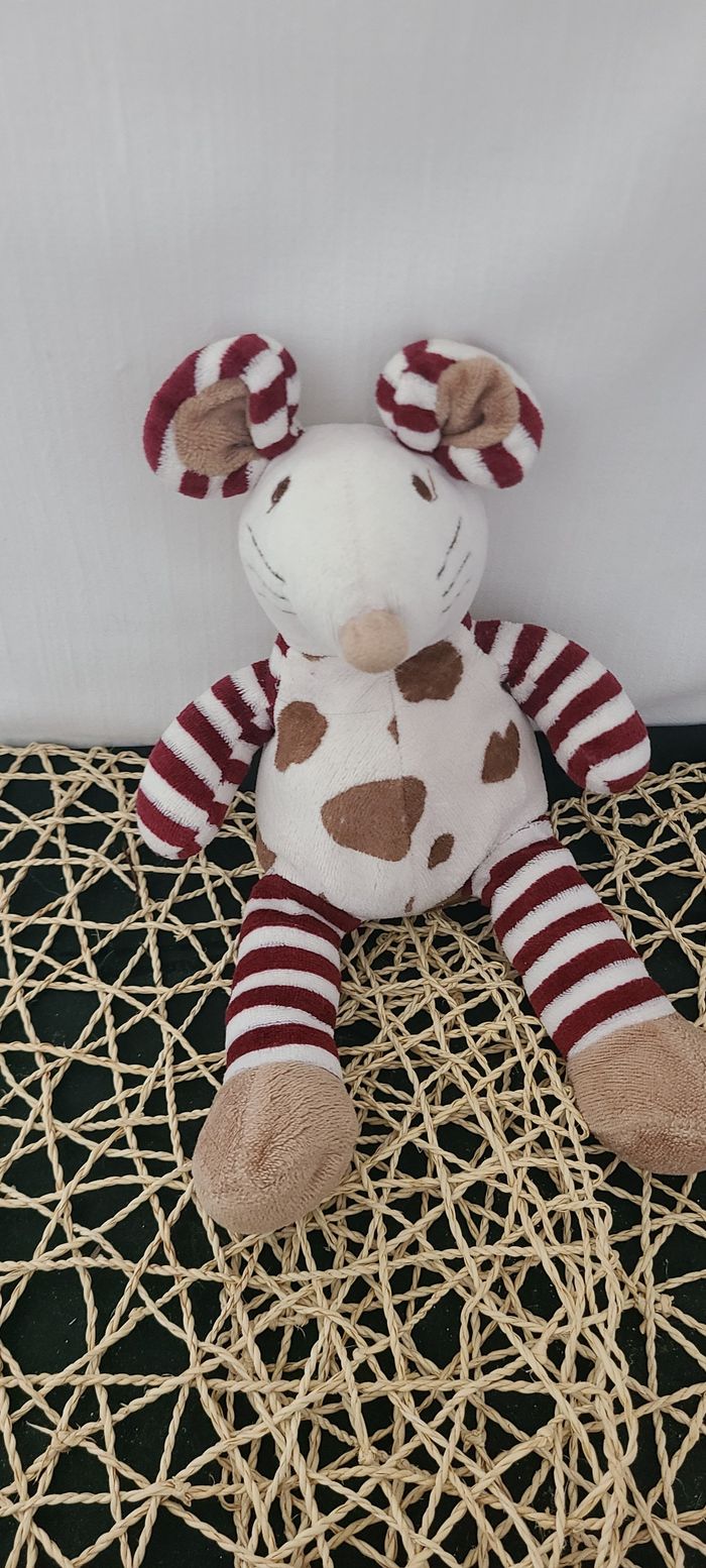Doudou souris blanche taches marron rayé bordeaux DOUDI - photo numéro 4