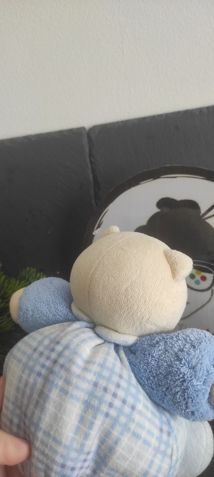 Peluche doudou boule chat beige bleu kaloo souris carreaux vichy marron rond - photo numéro 3