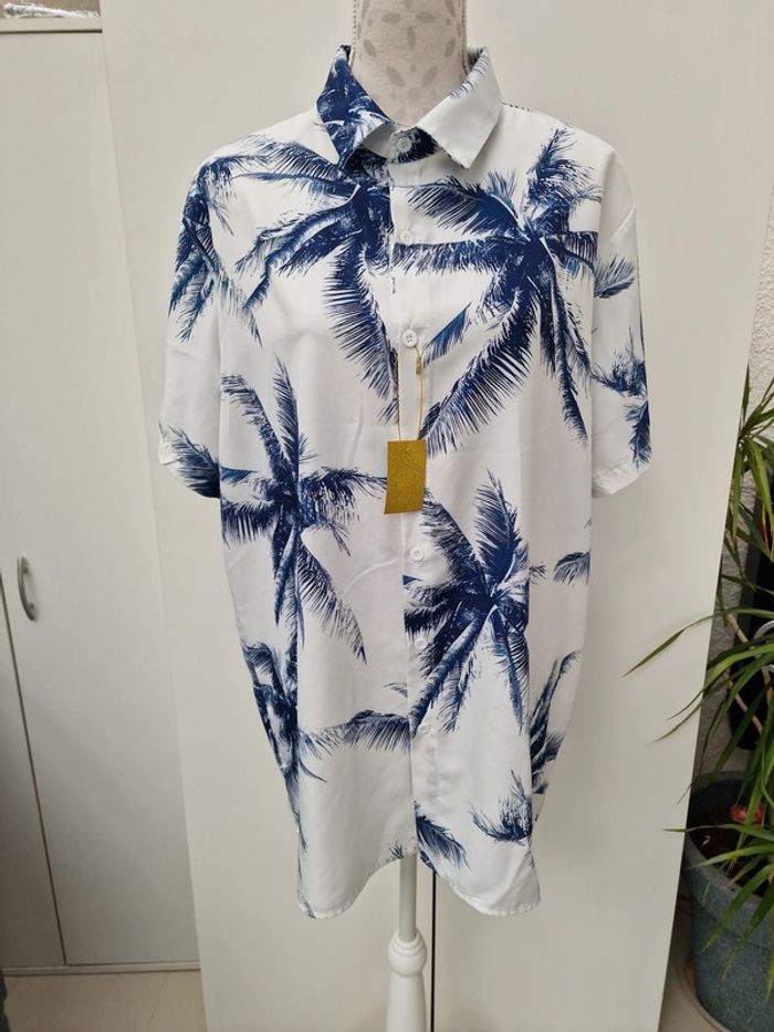 Chemise Blanche Imprimé Palmiers Bleu Marine Manches Courtes