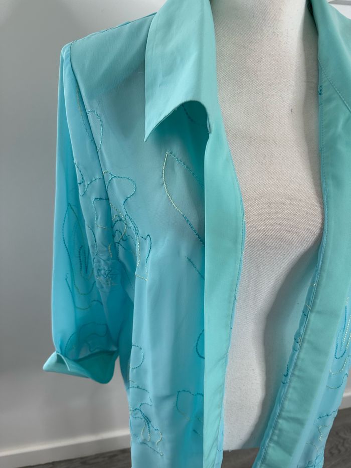 Kimono blouse broderies fleurs bleue turquoise Vintage T40 L - photo numéro 3