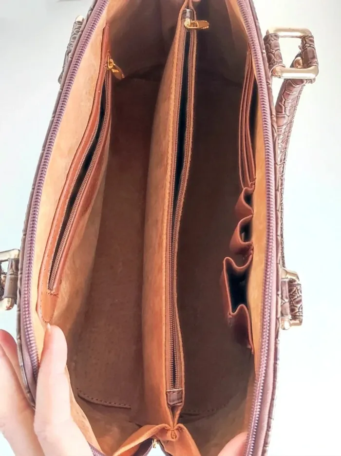 Sac à main marron cuir vernis bandoulière amovible écaille vintage / Lucia Tommasi - 33x24x17cm - photo numéro 14