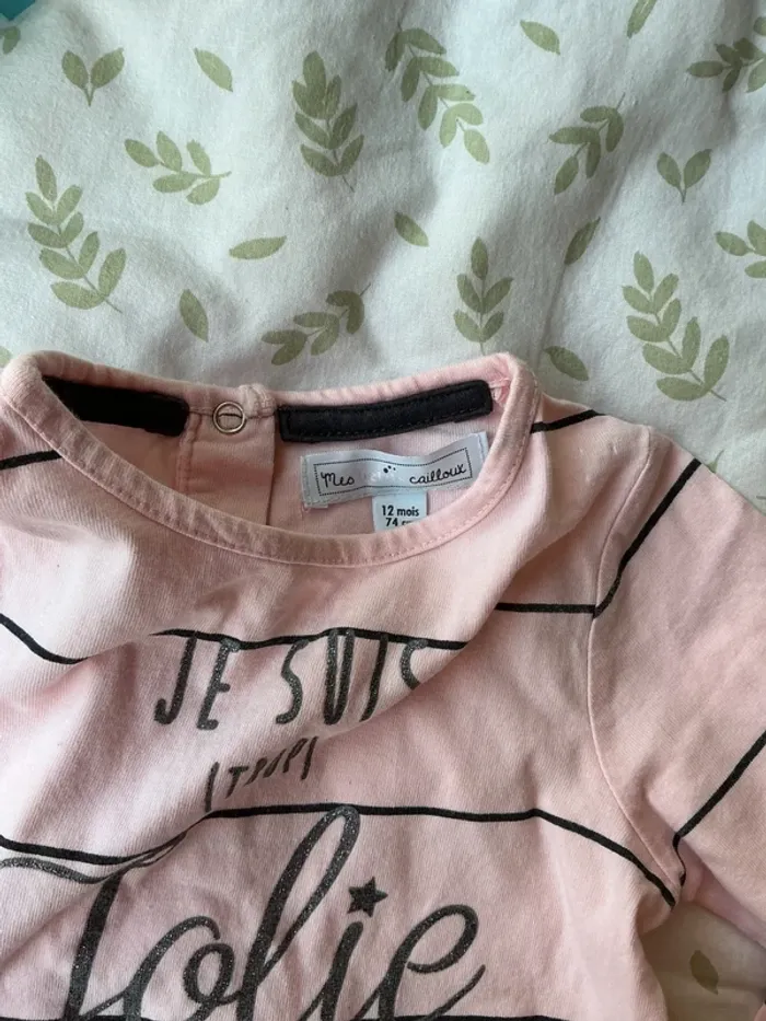 teeshirt manches longues rose rayures noir inscription devant 12 mois mes petits cailloux - photo numéro 4