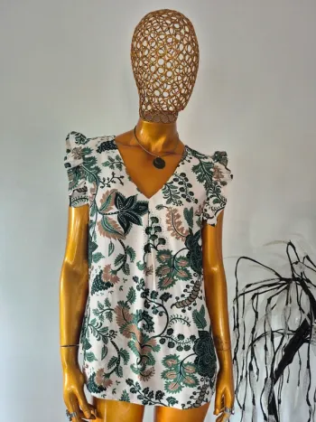 Blouse Fleurie Verte  Manches Courtes Femme Taille 40/42