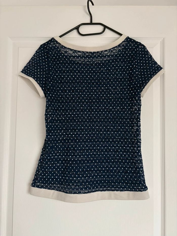 T-shirt manches courtes bleu transparent à pois blanc Promod S très bon état - photo numéro 4
