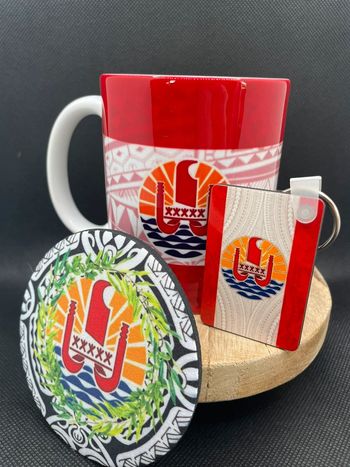 🌺 Coffret Tahiti – Mug + Sous-tasse + Porte-clé