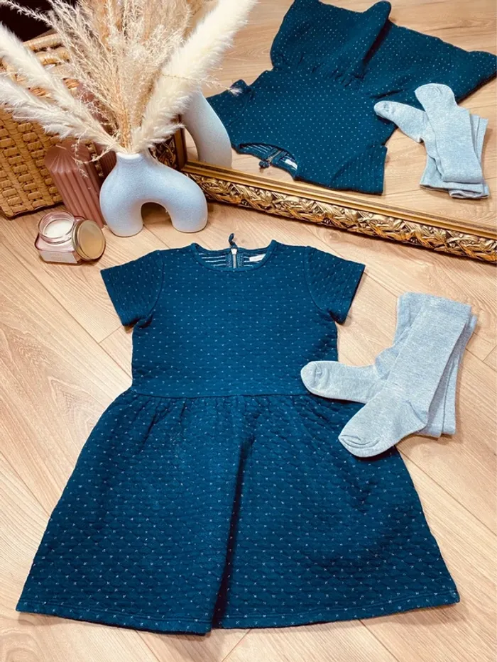 Taille 5 ans robe et collants fille Monoprix TAO bleu marine et gris * argenté * 🩷
