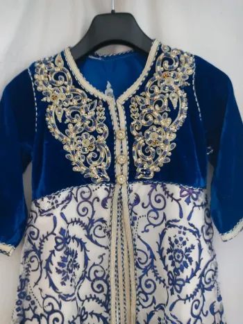 Caftan bleu en velours et mousseline pour fille