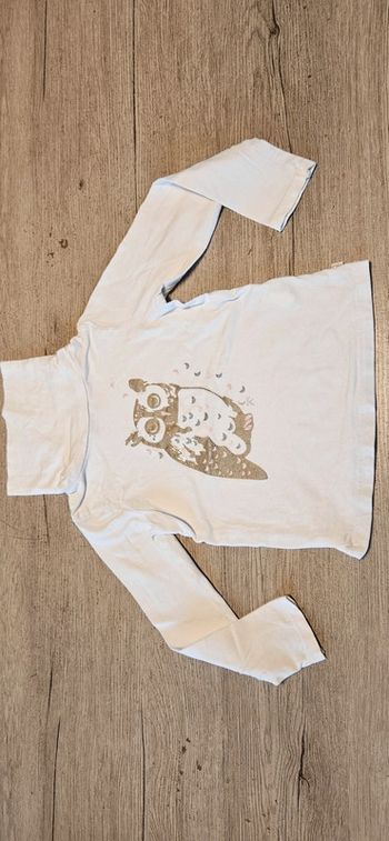 Sous pull blanc à col roulé, avec hibou, Okaïdi, 4 ans, nickel