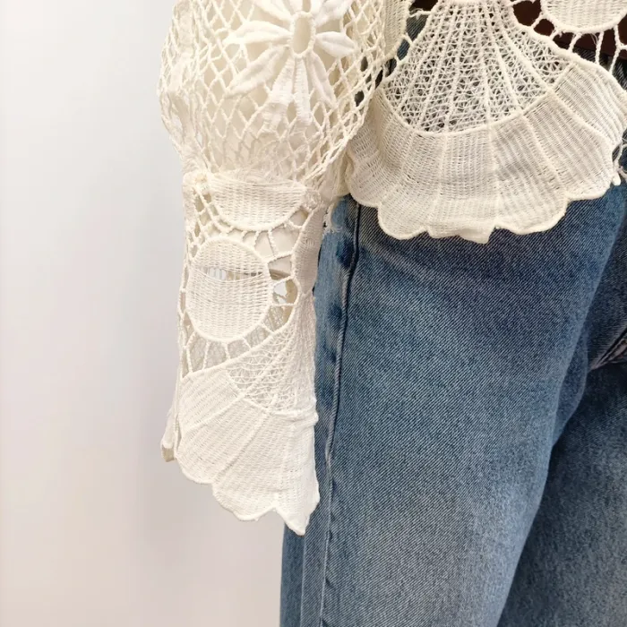 Blouse dentelle écrue Miss Chawn Paris col montant ajouré romantique – Taille M A735 - photo numéro 7