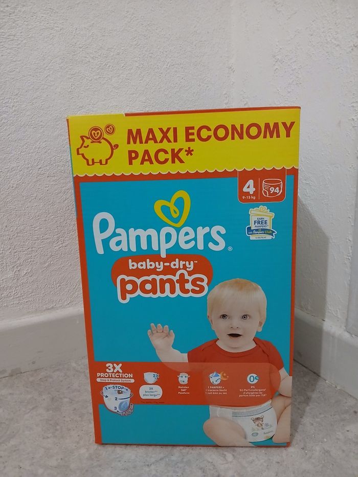 1 carton Pampers taille 4 pants maxi pack, soit 94 couches culottes (pants).
Neuf sous emballage
25€