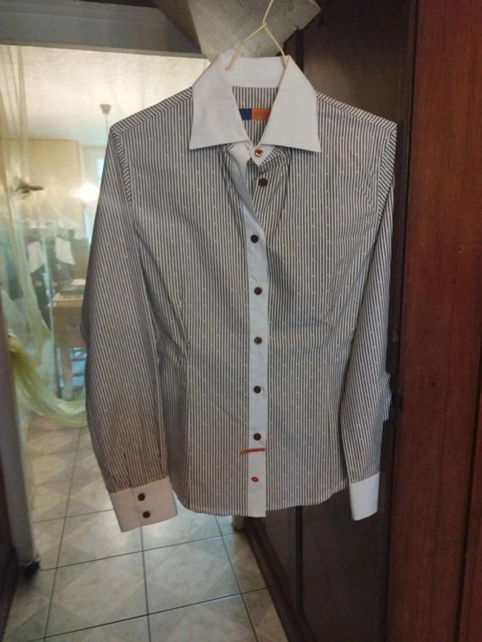 Chemise blanche rayures kiss print lèvres bisou S/36 vintage - photo numéro 3