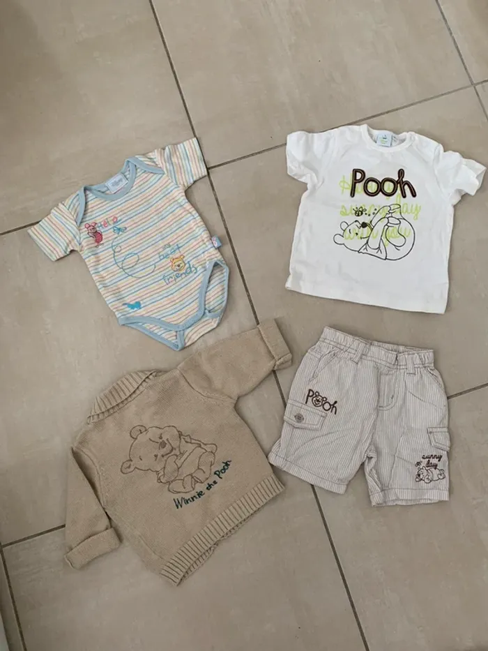 Joli ensemble 6 mois lot printemps été Winnie l’ourson Disney short gilet t-shirt