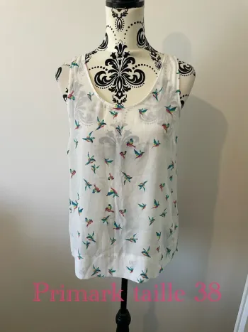 Top blouse débardeur Primark taille 38 blanc motif oiseau multicolore