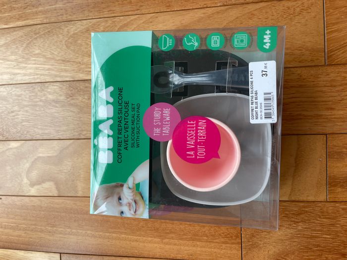 Coffret repas en silicone beaba verre cuillère assiette et bol rose et gris  jamais utilisé