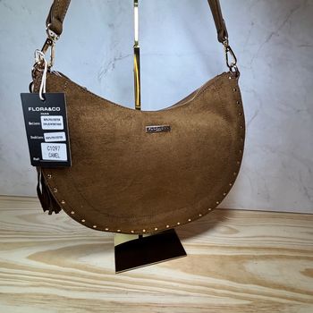 Sac bandoulière camel suédine chic rond idée cadeau neuf