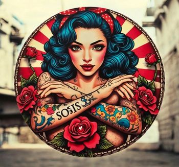 Plaque décorative vintage Tattoo – Pin-up old school & roses