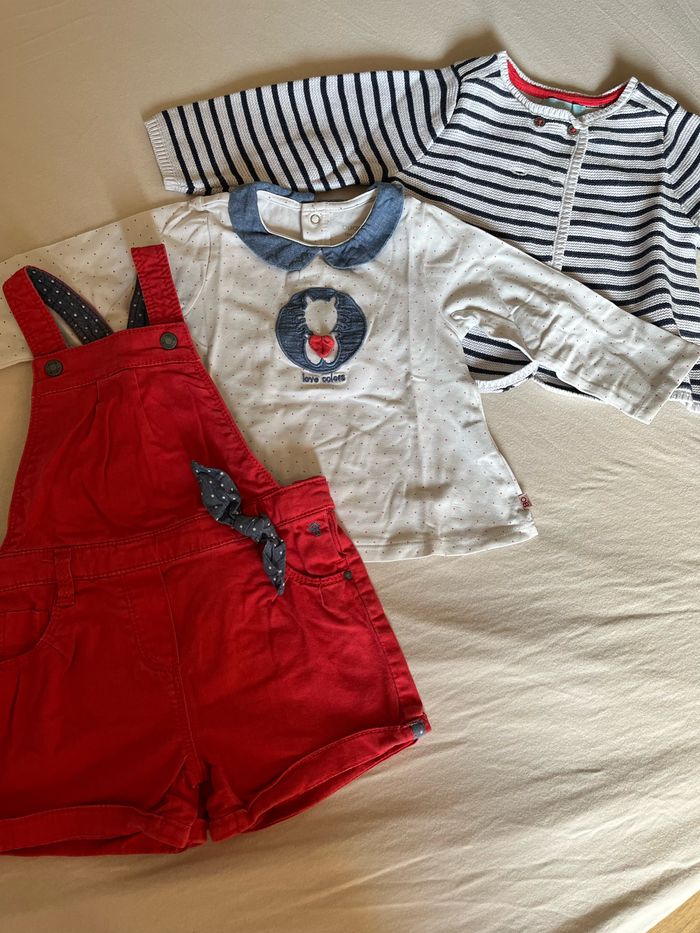 Ensemble fille 12 mois okaidi obaibi salopette courte, gilet esprit marin