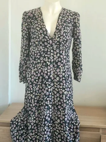 Robe longue col V manches 3/4 fleuries fluide 40 MNG