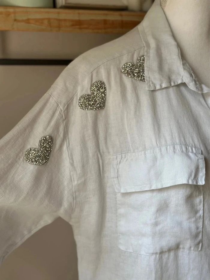 Chemise tunique blanche en lin – Cœurs argentés – Carla Giannini Paris – Taille Unique - photo numéro 2