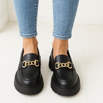 Mocassins noirs à chaîne dorée – Semelle épaisse – Neufs et tendance