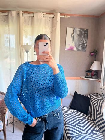 Top maille filet bleu vintage y2k 2000yer bohème champêtre country western