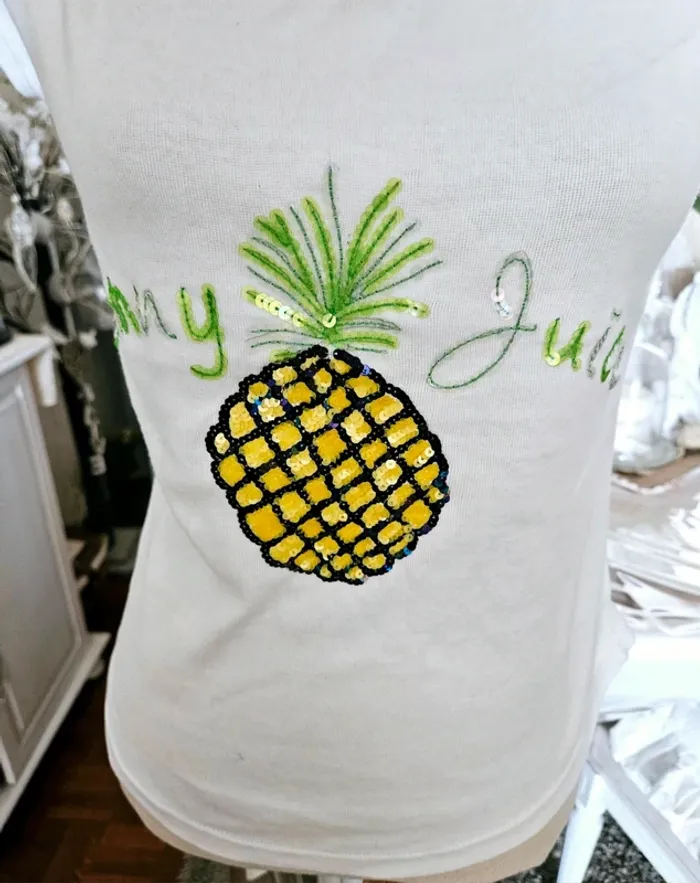 T-shirt blanc Ananas sequins Sami Taille 2 (38) Neuf