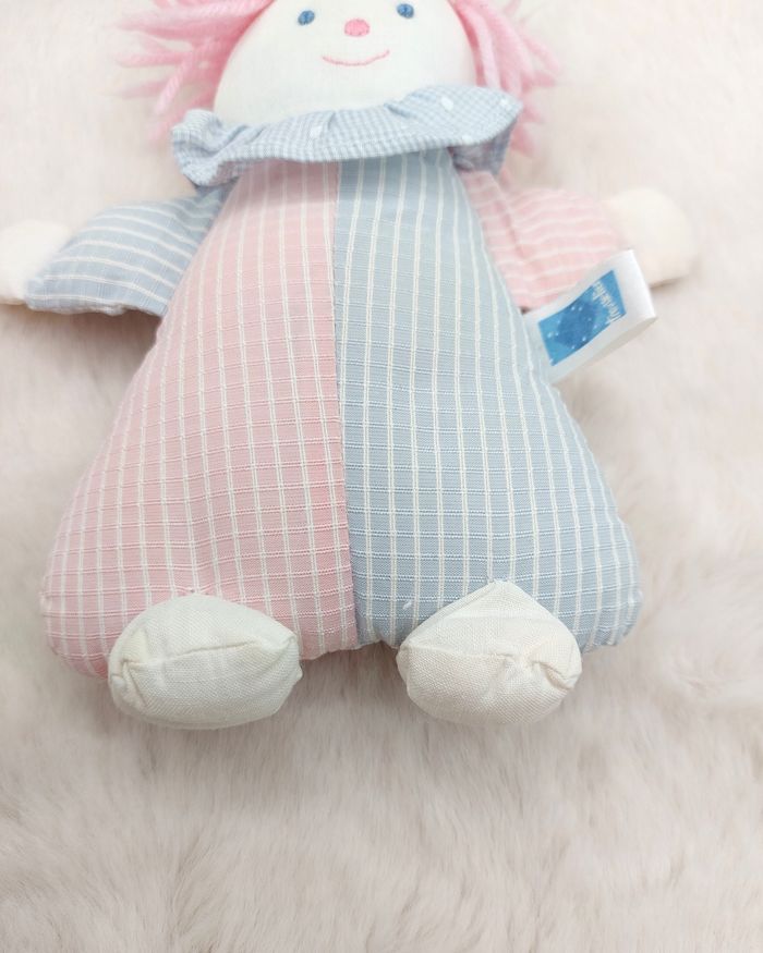 Ancien doudou petite peluche clown TROUSSELIER blanc bleu rose 19,5 cm Vintage - photo numéro 4