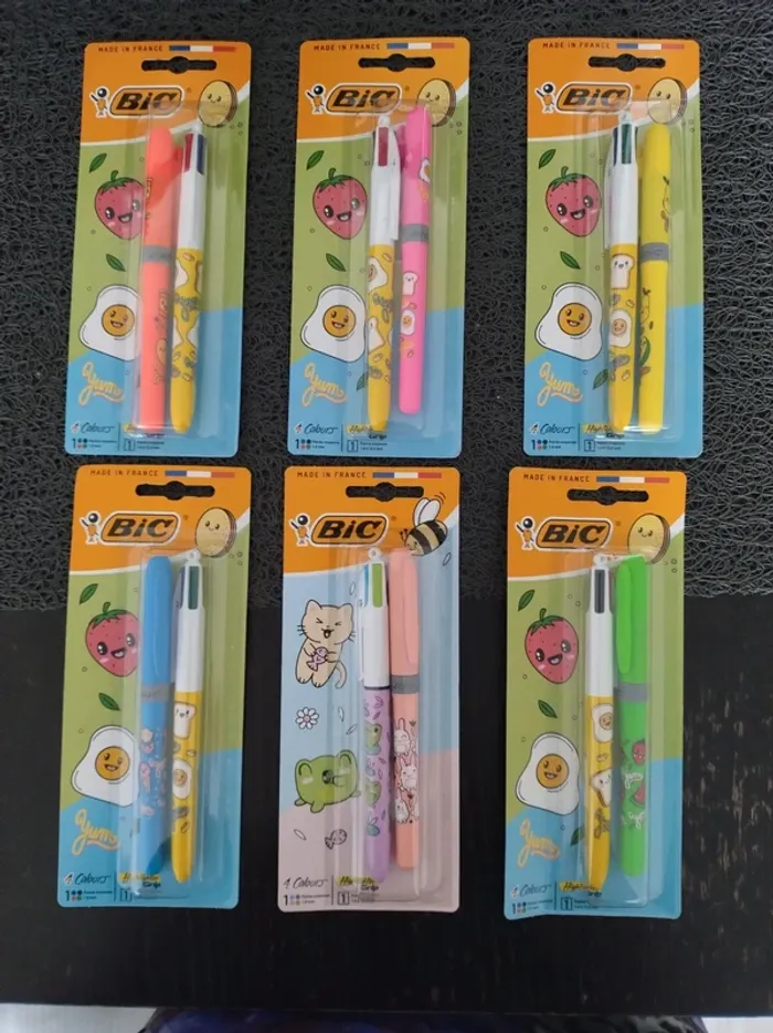 BIC Stylo à bille 4 Couleurs Série Kawaï et feutre Fluo BIC, école,