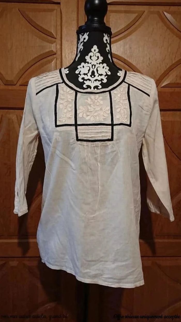 Blouse casual chic beige - Brodée Fleurs Mango basics taille 38 - photo numéro 2