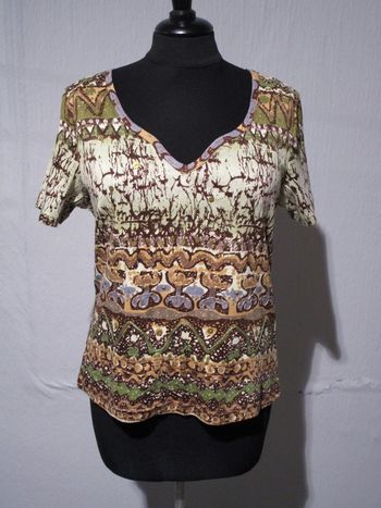 T-shirt col tunisien imprimé beige/marron/kaki Jac Jac 40 NEUF