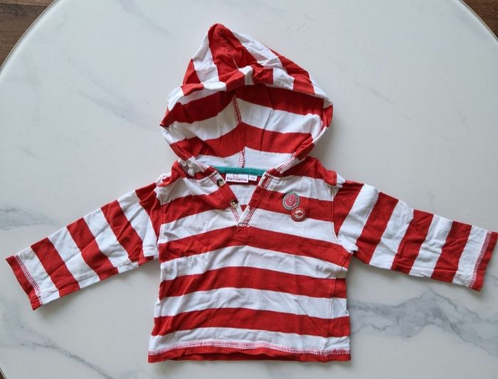 Pull capuche rayé rouge et blanc Pommette 9 mois