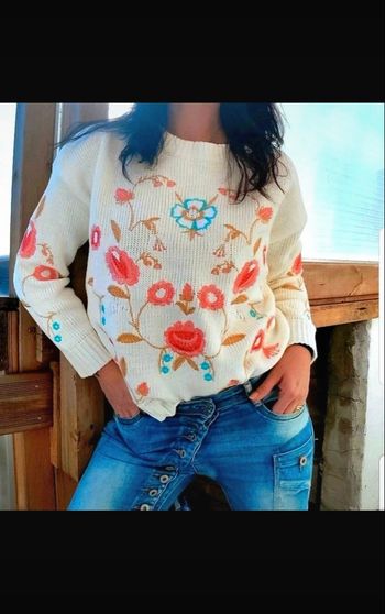 Pull maille blanc cassé écru et floral style vintage