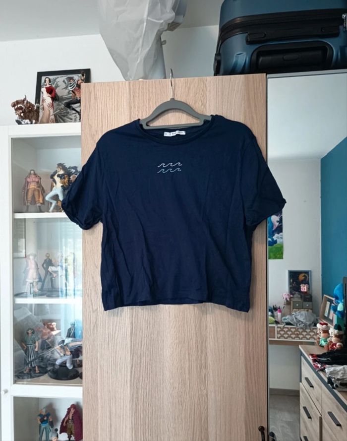 Tee-shirt top bleu marine avec 2 petites vagues blanches Easy Wear - Taille L 40