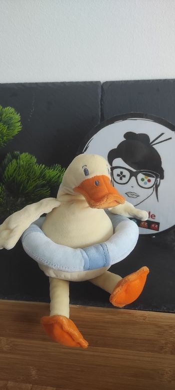 Doudou Canard jaune bouee bleue 25 cm Sucre d Orge  Rayure Ancien Plage Rayé