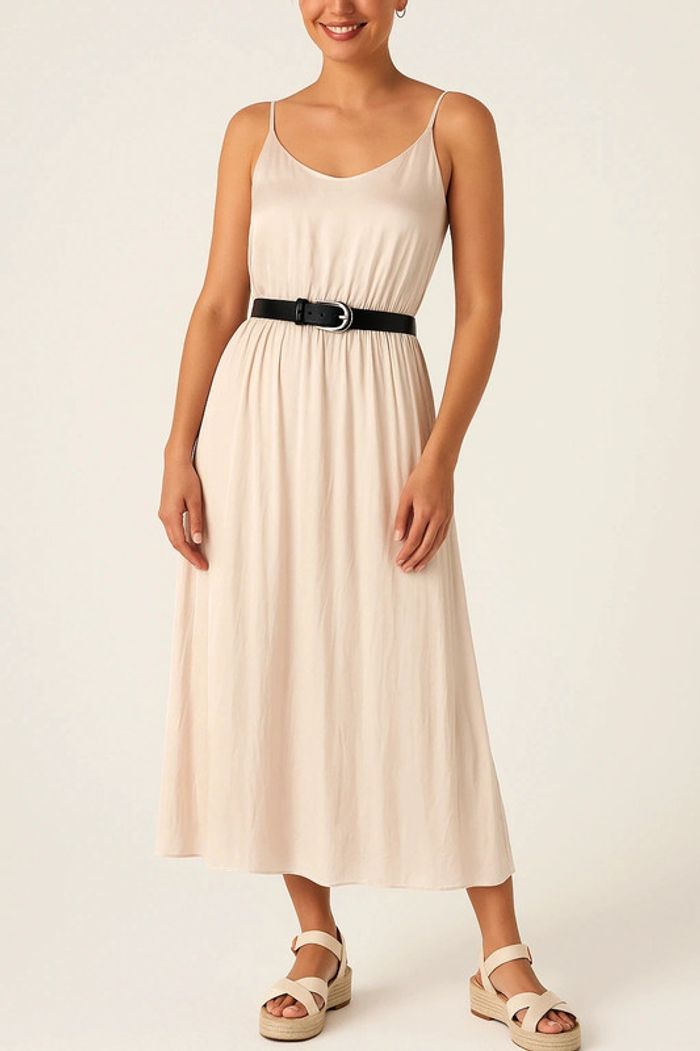 Robe satinée longue d'été à fines bretelles couleur champagne Très joli drapée